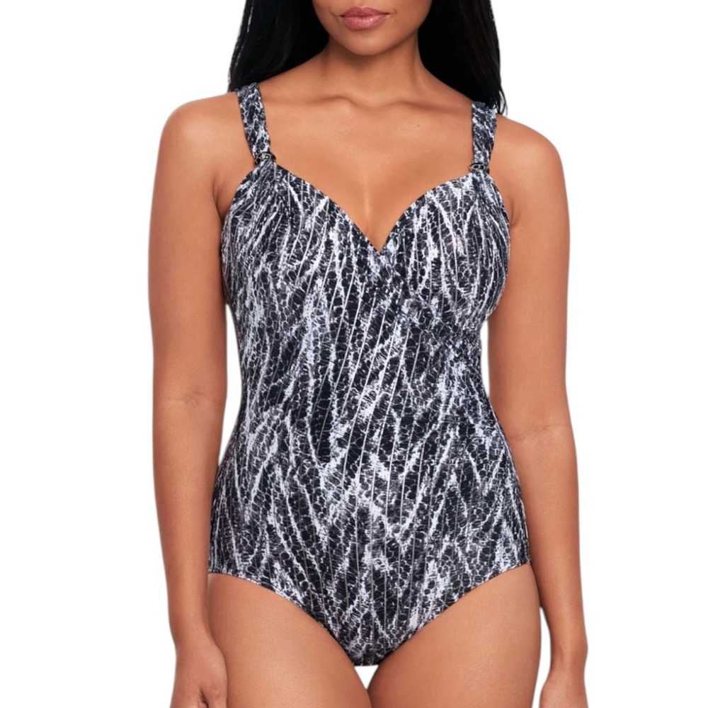 Miraclesuit‎ Siren V-Neck Underwire One Piece Swimsuit size 10 Silver Python